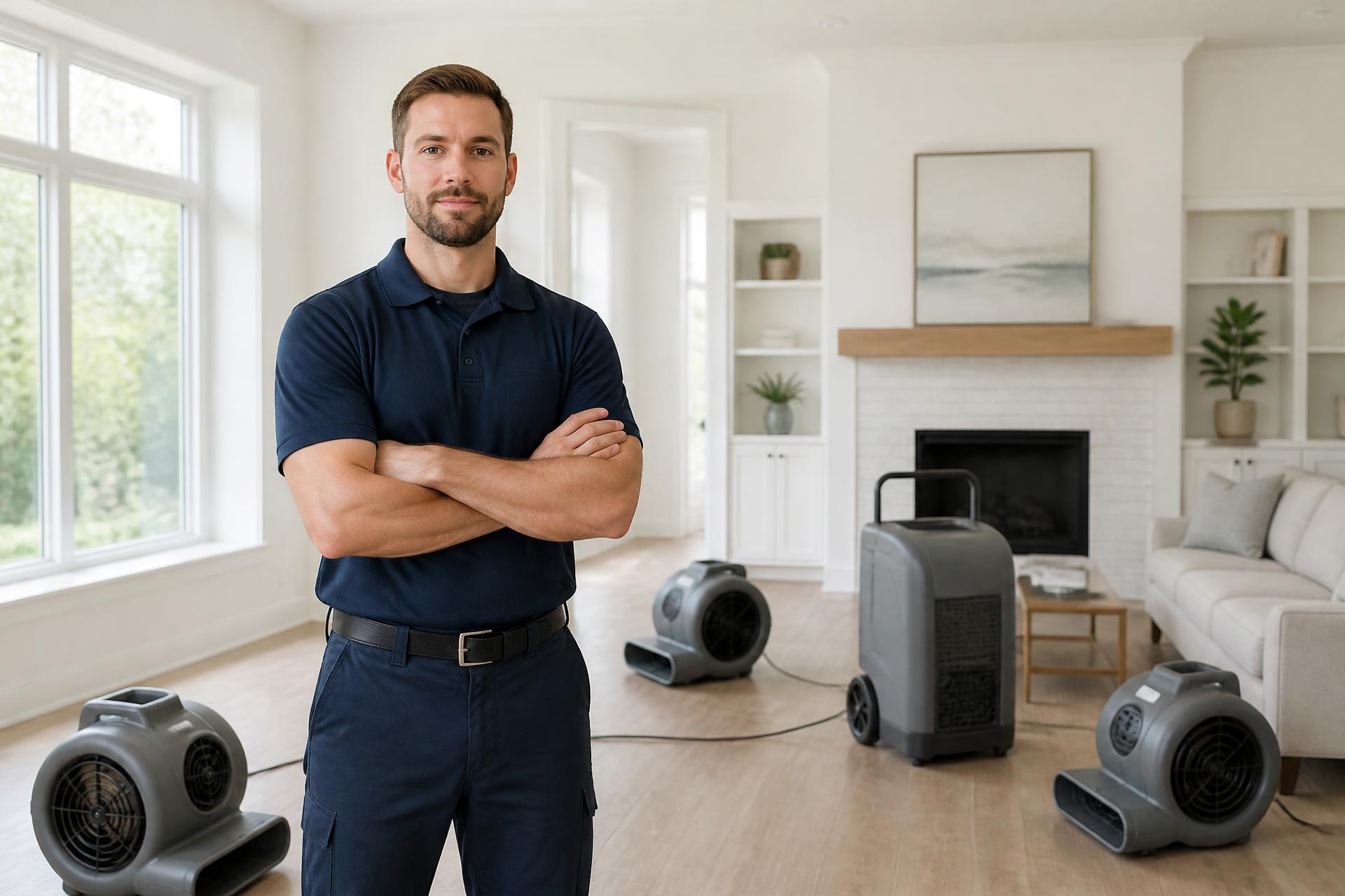 Restoration technician standing with professional drying equipment in a bright, dry living room
